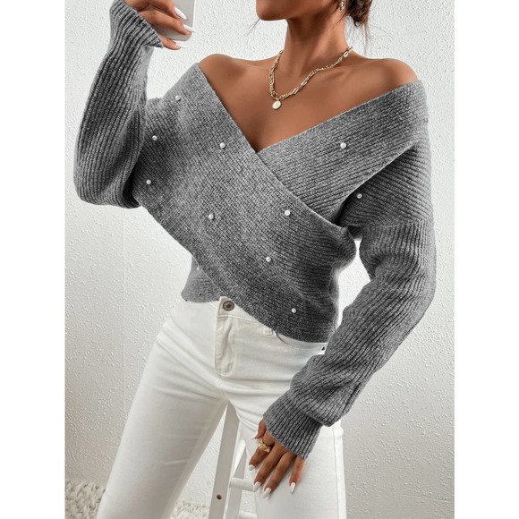 Pearl Beaded Drop Shoulder Cross Wrap Sweater gray - Picture 3 of 4